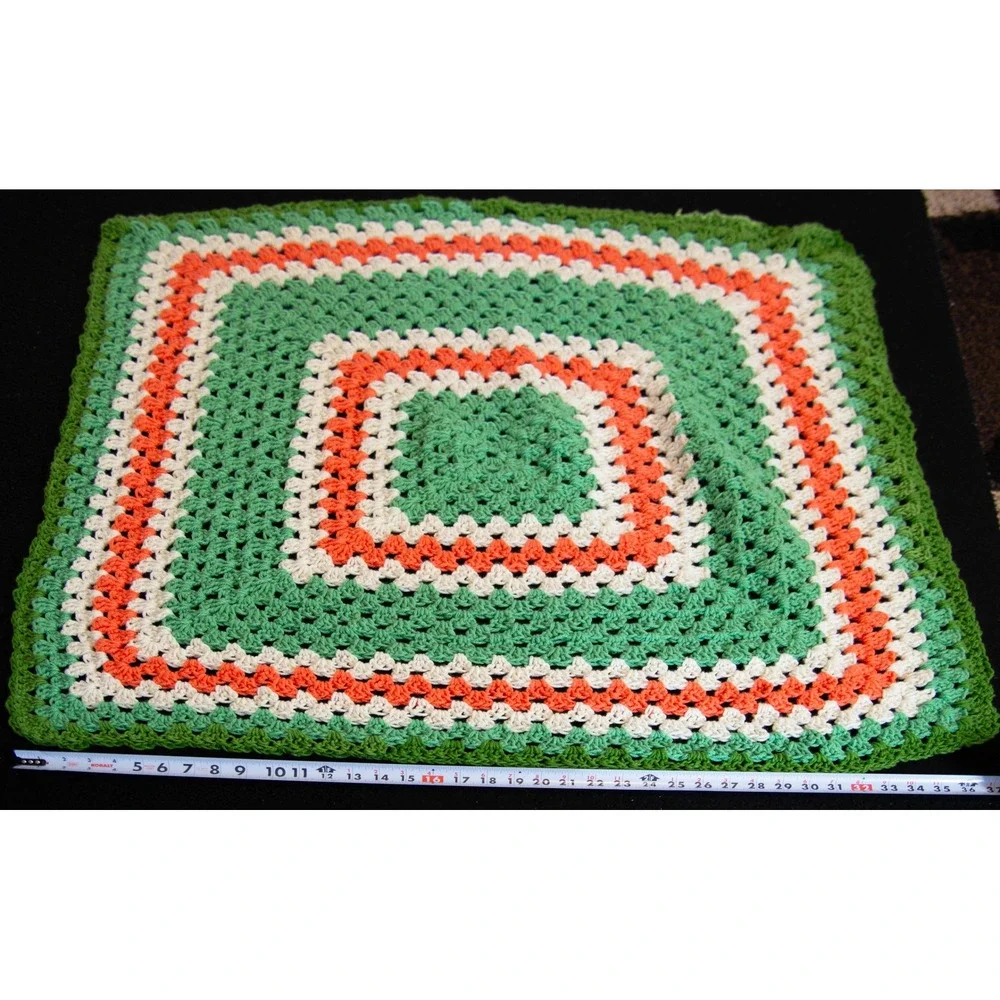 Vintage Handmade Crochet Granny Square Baby Blanket Green‎ Orange Cream 35x35